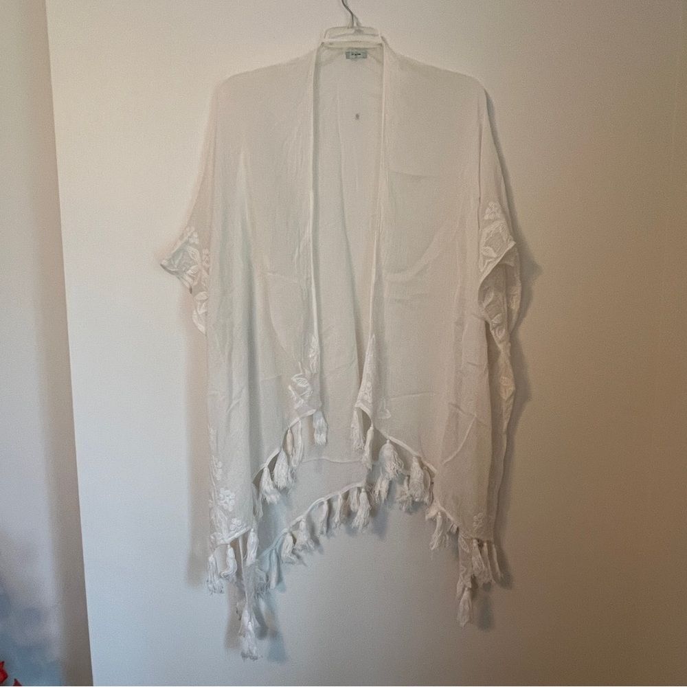 ANTHROPOLOGIE Kimchee Blue White Cotton Tissue Tassel Kimono Cover Up One Size